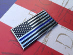 US Flag Thin Blue Line Metal Decal Black, Chrome and Blue on a Left Angle